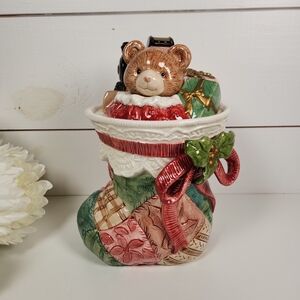 1992 Fitz & Floyd Christmas Quilt Stocking Cookie Jar- Ceramic Holiday Bear